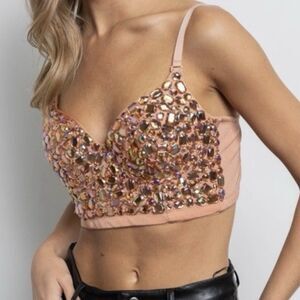 Cropped Corset Bra Rhinestone Embellished Sweetheart Neckline